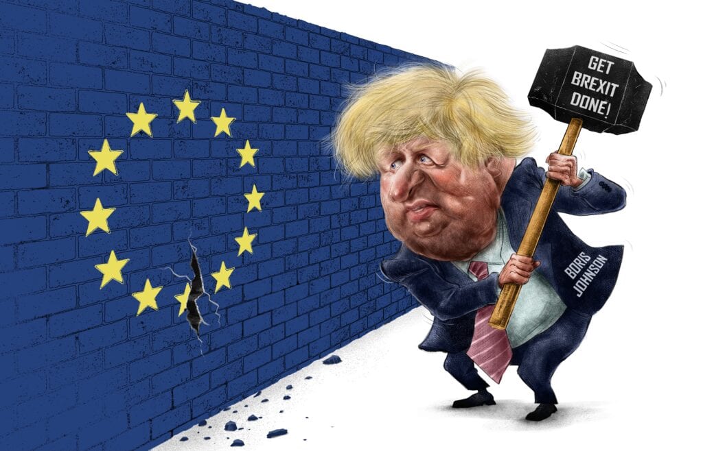 London,UK/England/Britain/United Kingdom/EU/Europe- 12/16/2019-Boris Johnson Cartoon or Caricature about Brexit Issue colored illustration